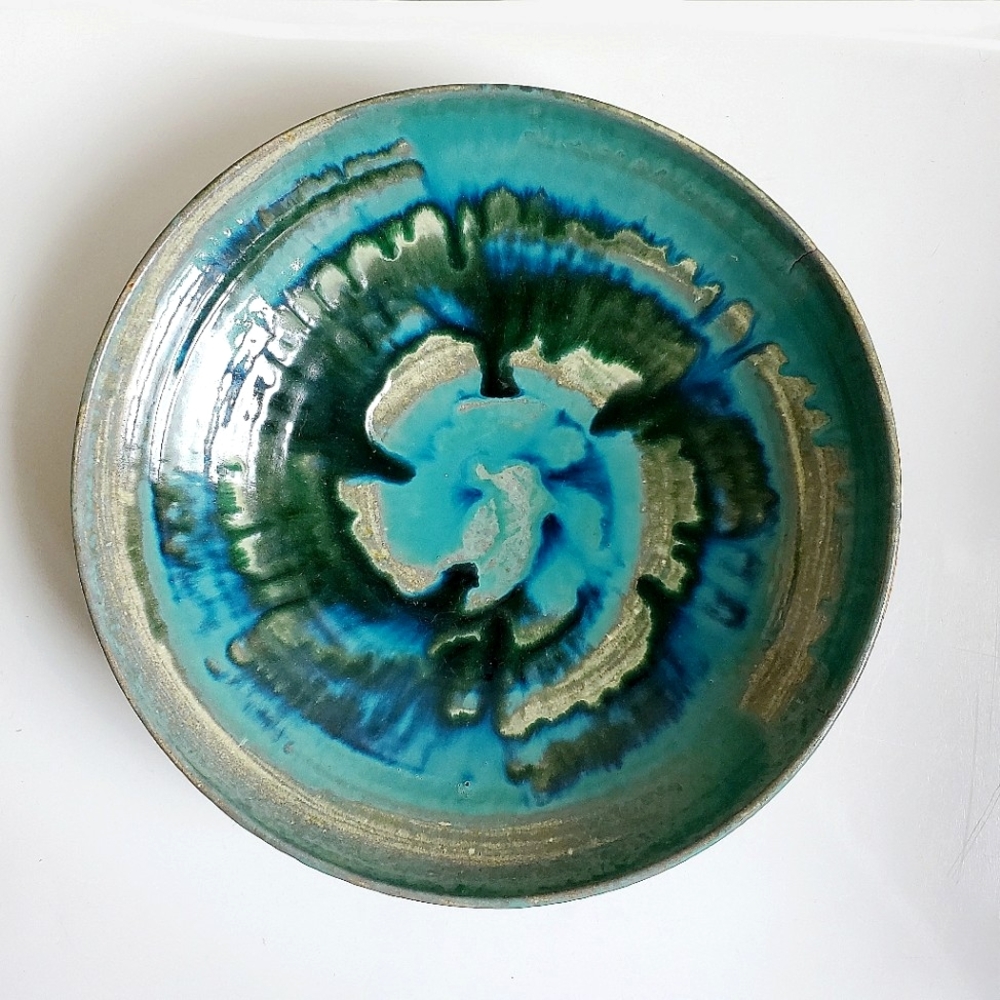 Large Mid Century Teal Glazed Studio Art Pottery Bowl, Signed